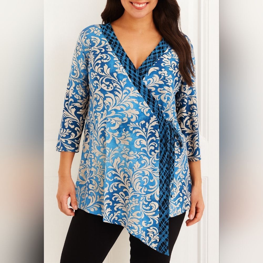 Lane Bryant Plus Sz 18/20 Top Romantic Tie Knot Front Blue Faux Wrap Assymetric